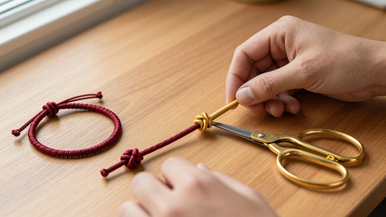 Gold and red cord compared beside Chinese button knots and embroidery scissors