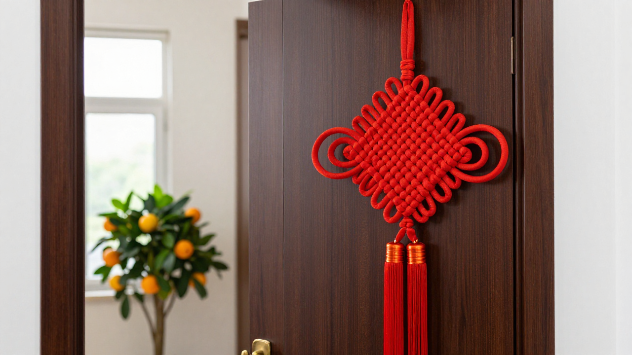Red Chinese knot beside a doorway with a brass handle and citrus plant