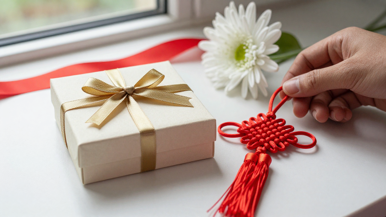 Muted gold Chinese knot on an ivory wedding favor beside a red knot ornament