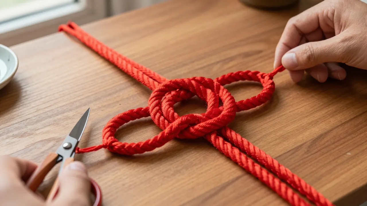Red double coin knot on a wooden craft table with cord and scissors