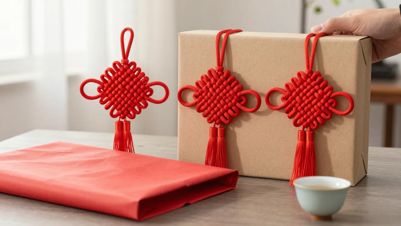 Paired double coin knots beside a gift box and folded red paper