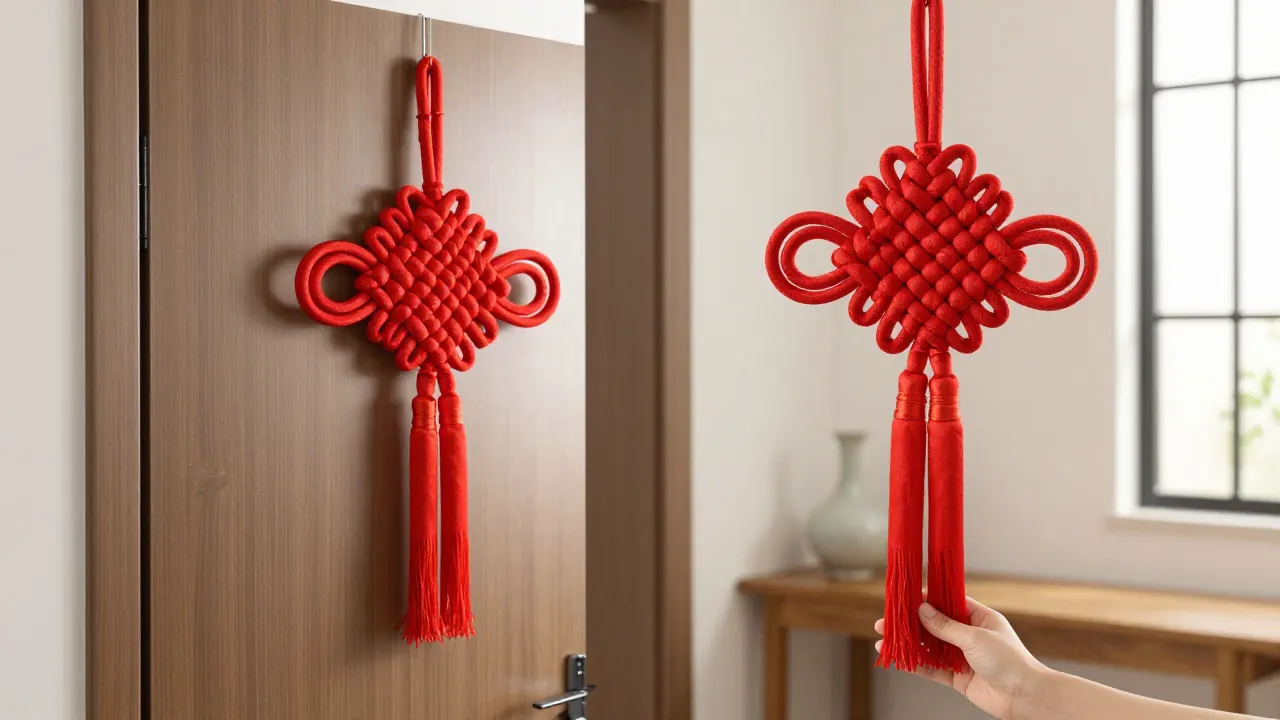 Chinese double coin knot hanging beside a doorway with a small ceramic vase