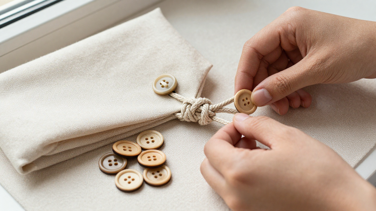Button knot closure on a corded pouch beside folded fabric and wooden button pieces