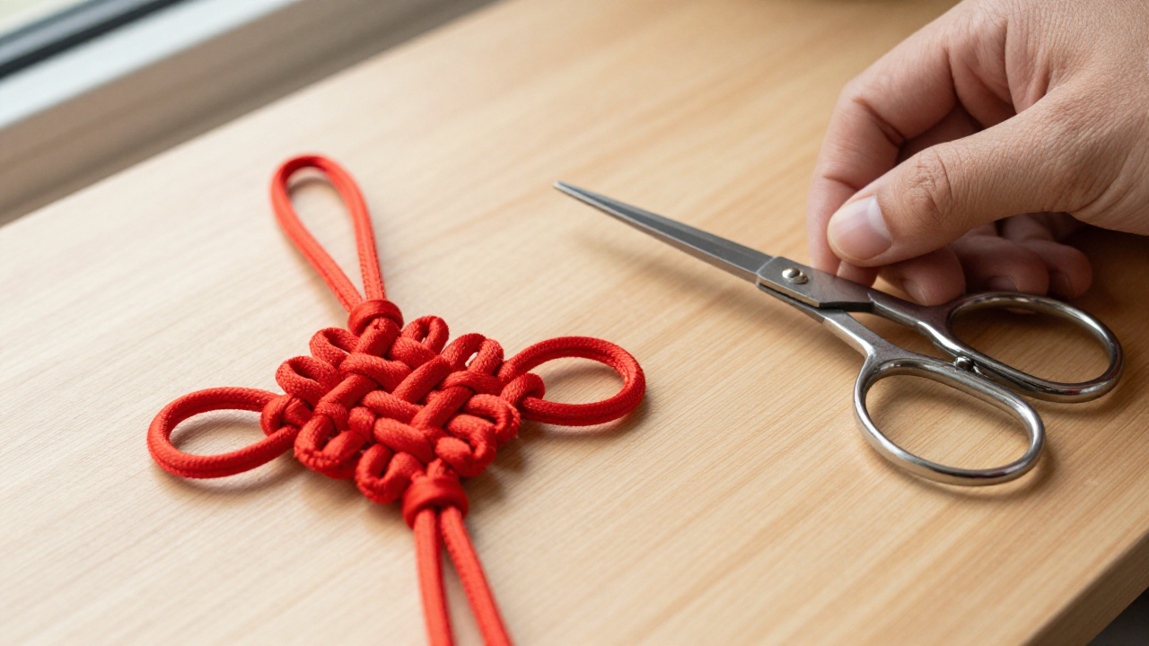 Chinese button knot beside red cord and embroidery scissors on a craft table
