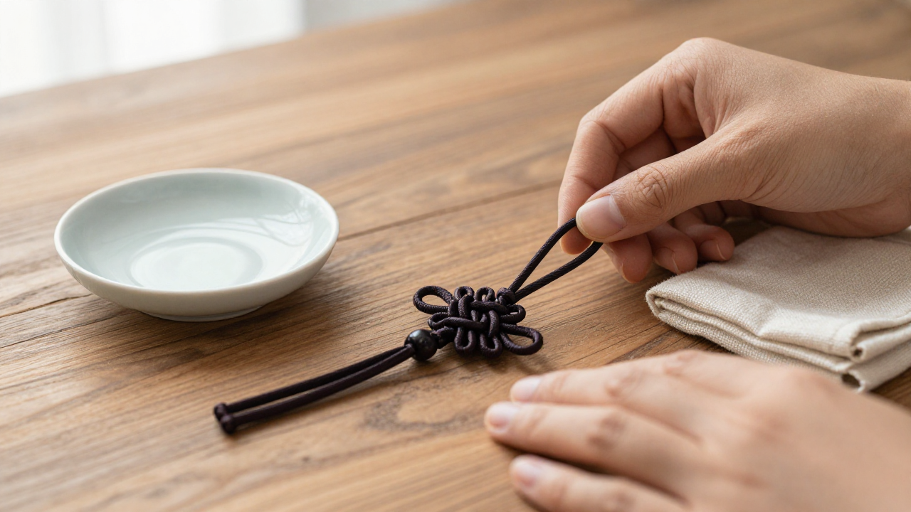Small Chinese button knot ornament beside gift cord and ceramic dish on a wooden table