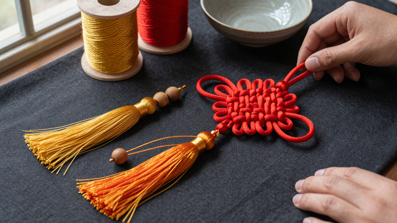 Red and gold knotwork with different tassels and wooden beads