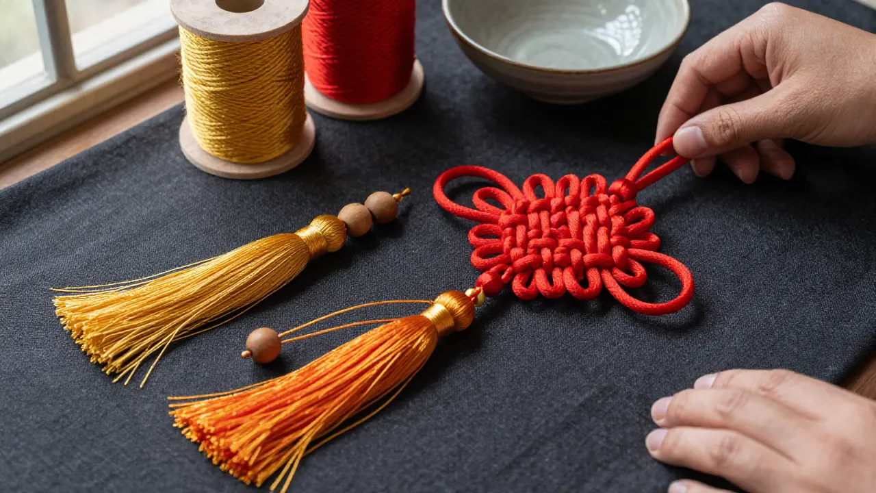 Red and gold knotwork with different tassels and wooden beads