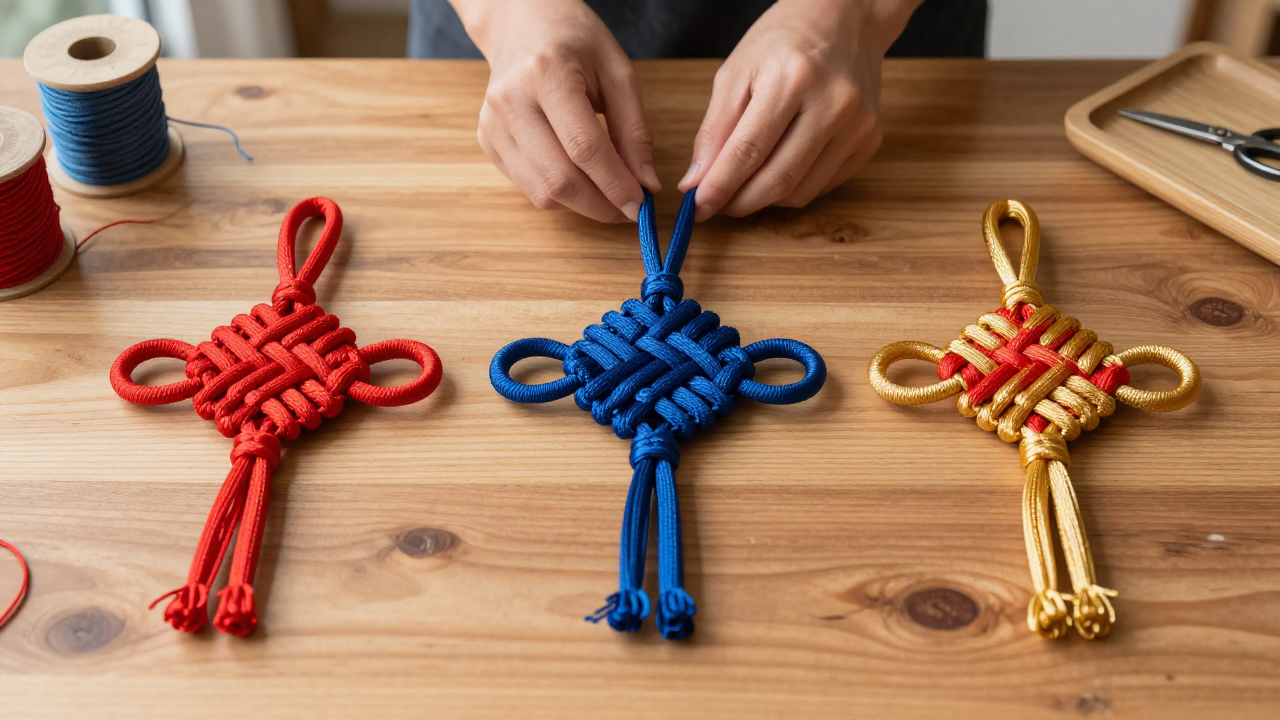 Three distinct Chinese cord knots with spools and scissors on a craft table