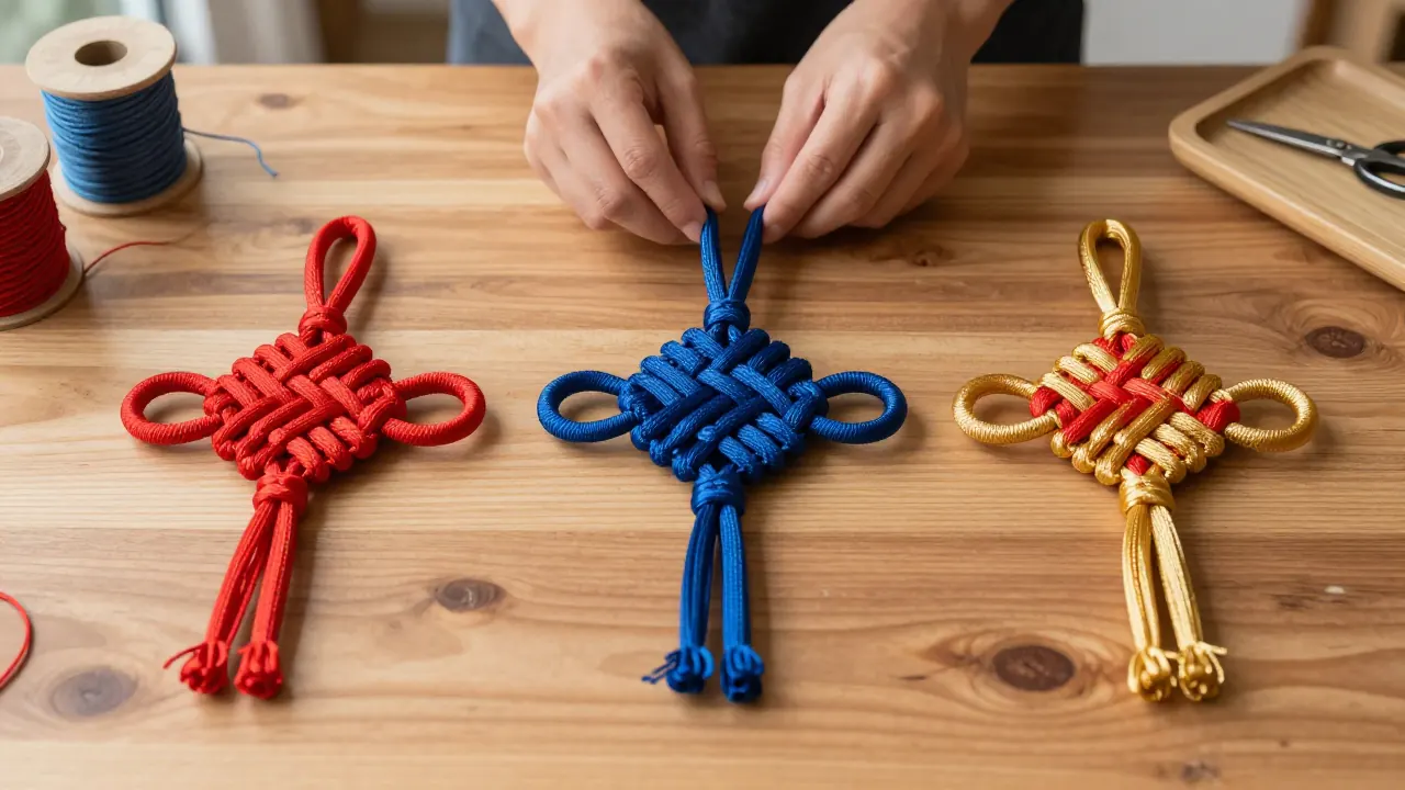 Three distinct Chinese cord knots with spools and scissors on a craft table