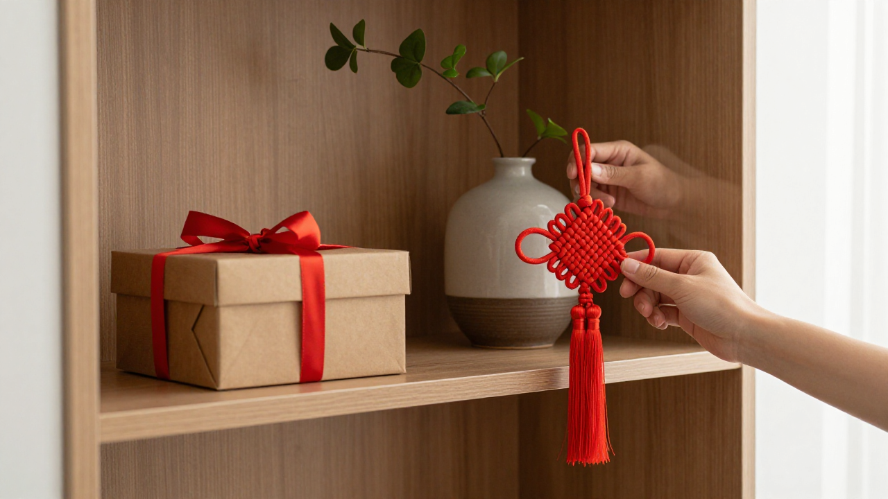 Red cord knot hanging beside an entryway shelf and gift box