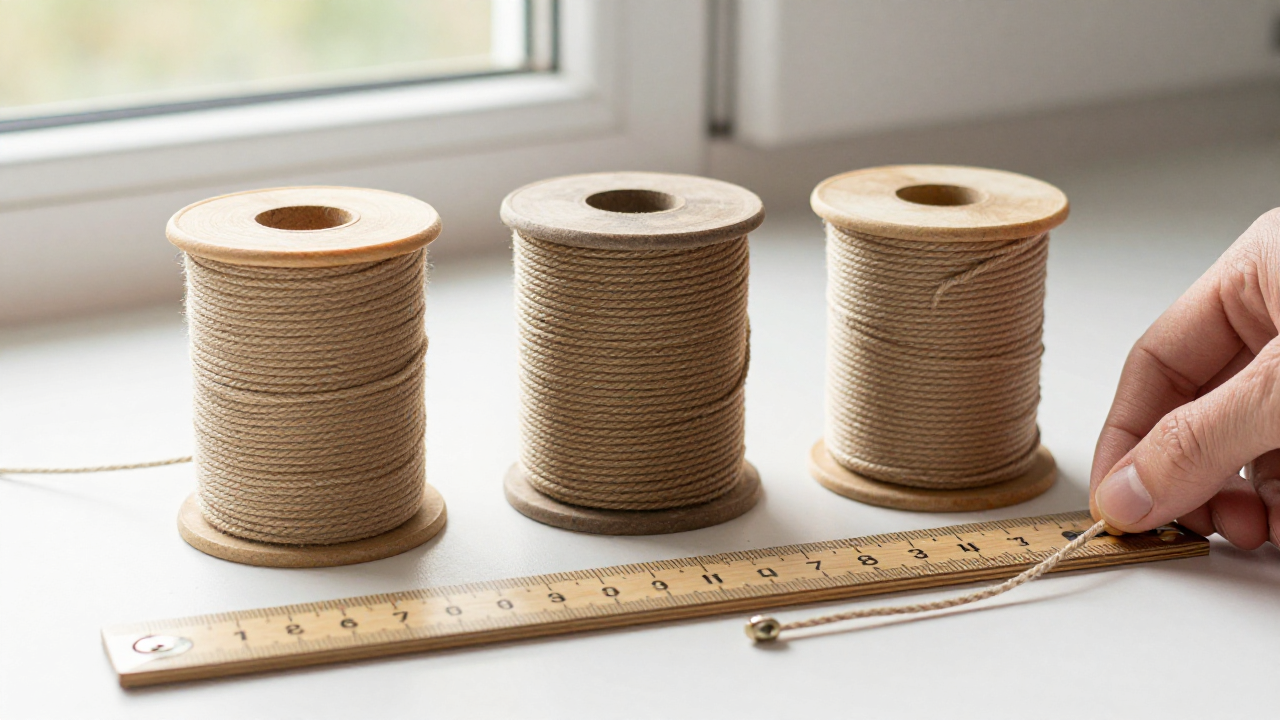chinese knotting cord scene with three cord spools, wooden ruler, finished knot sample