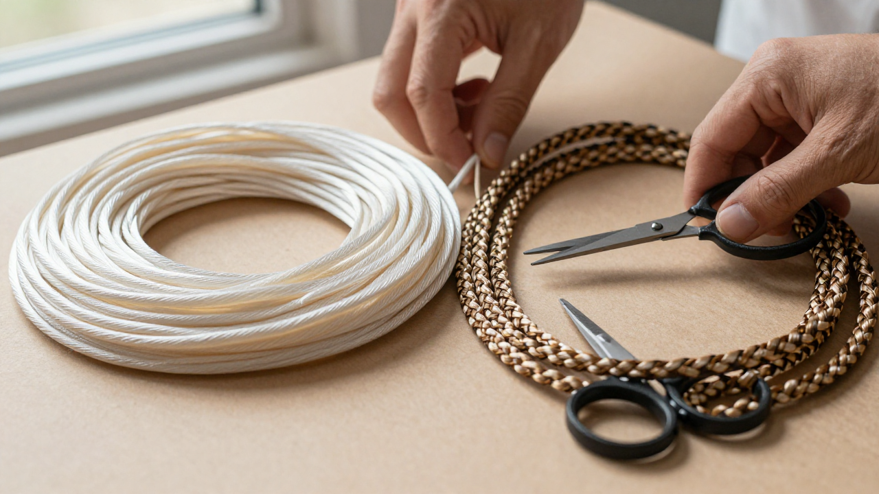 chinese knotting cord scene with smooth satin cord, braided cord, small scissors
