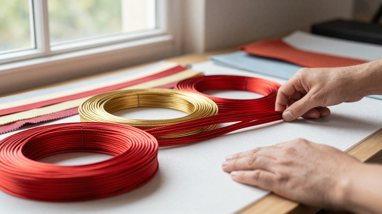 chinese knotting cord scene with red and gold cord coils, fabric swatches, window light