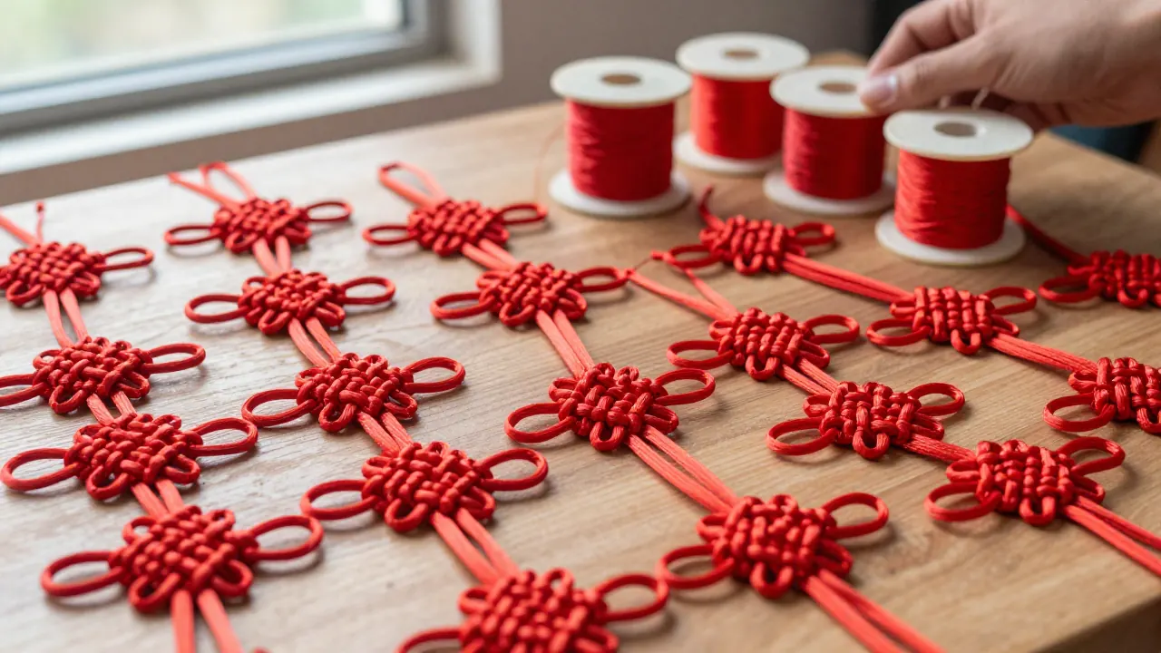 pan chang knot meaning scene with red pan chang knot, wooden display stand, silk cord spool