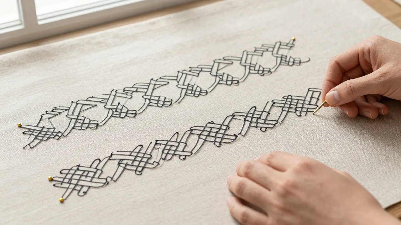 pan chang knot meaning scene with interlaced knot sample, brass pin, linen cloth