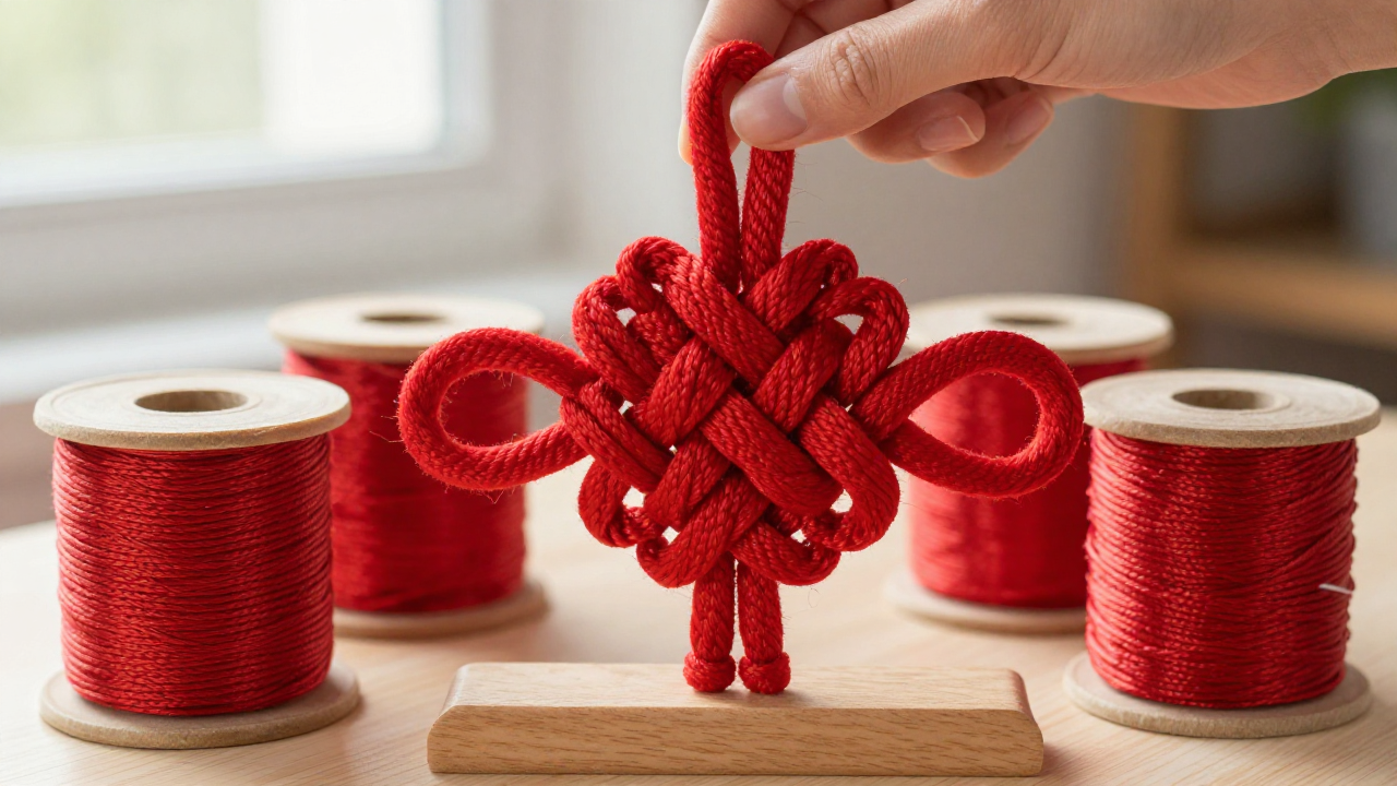 plafond knot meaning scene with red plafond knot, wooden display stand, silk cord spool