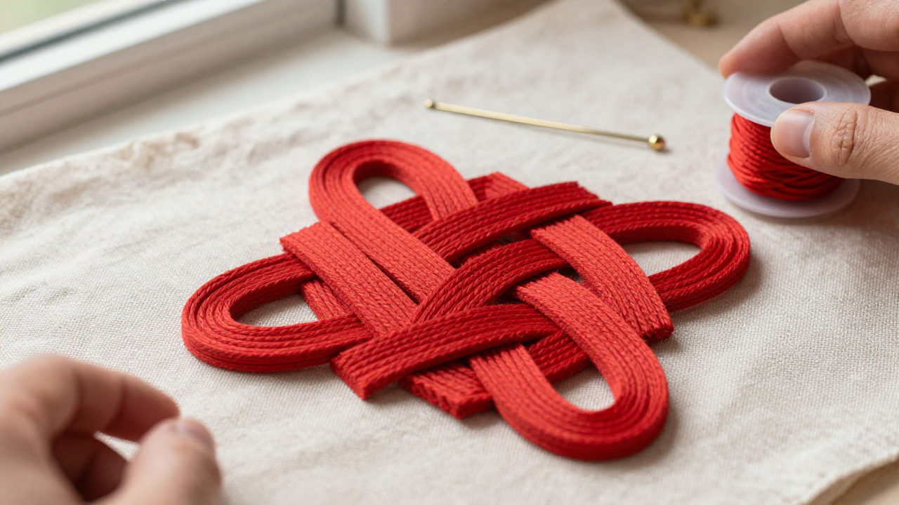 plafond knot meaning scene with interlaced knot sample, brass pin, linen cloth