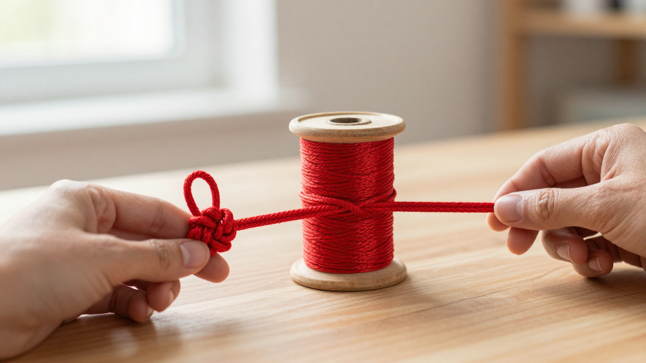 double connection knot meaning scene with red linked knot, silk cord spool, wooden stand