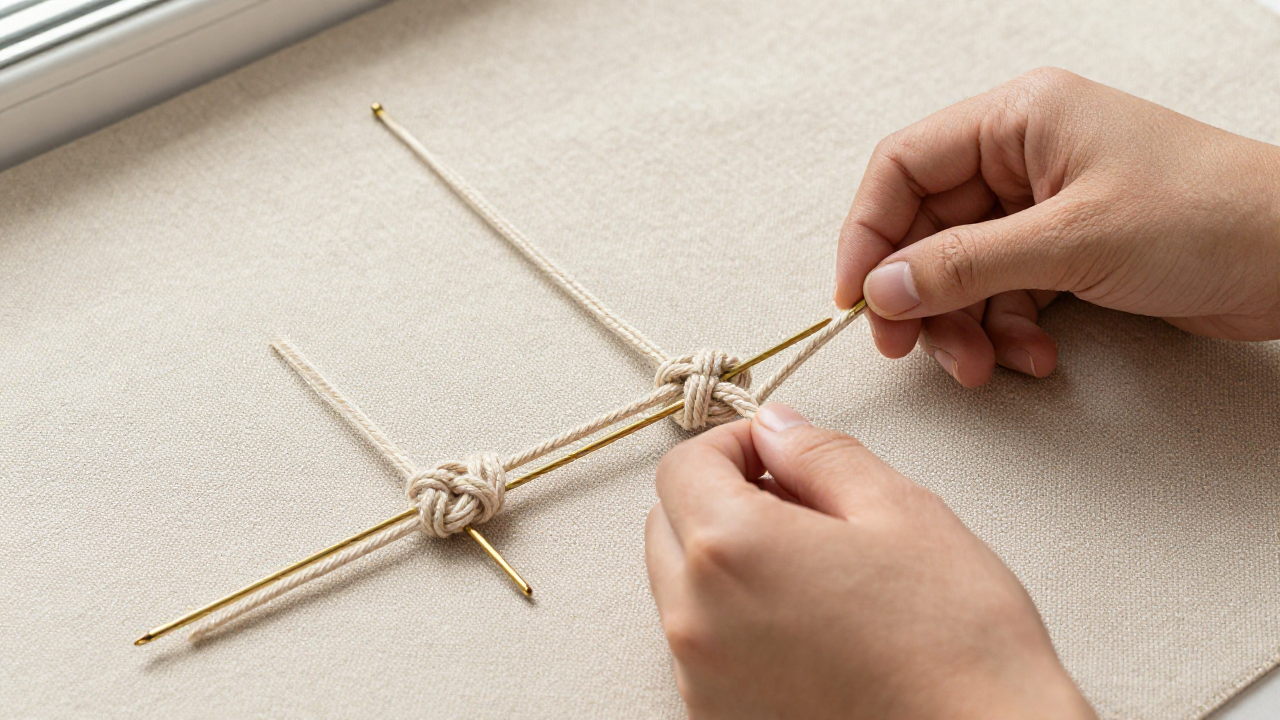 double connection knot meaning scene with two joined knot samples, brass pins, linen mat