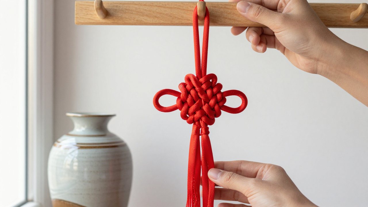 double connection knot meaning scene with red double connection knot, wooden hook, ceramic vase