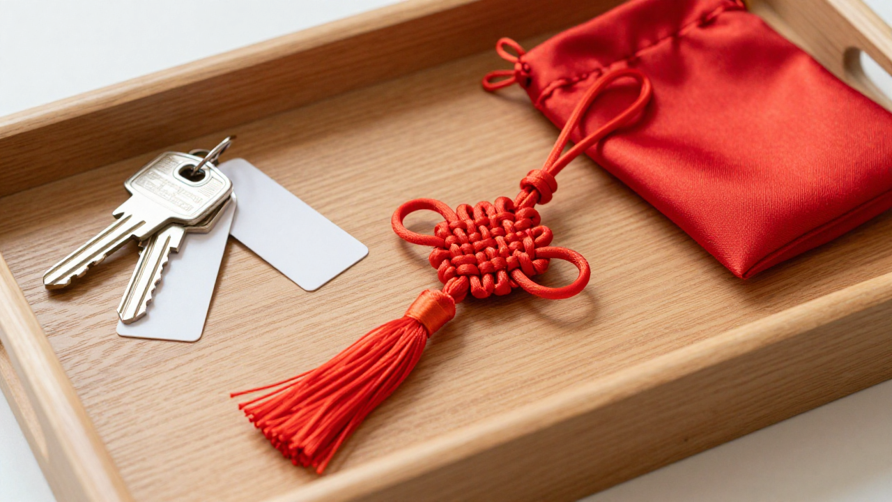 red Chinese knot keychain on tray shows everyday gift context