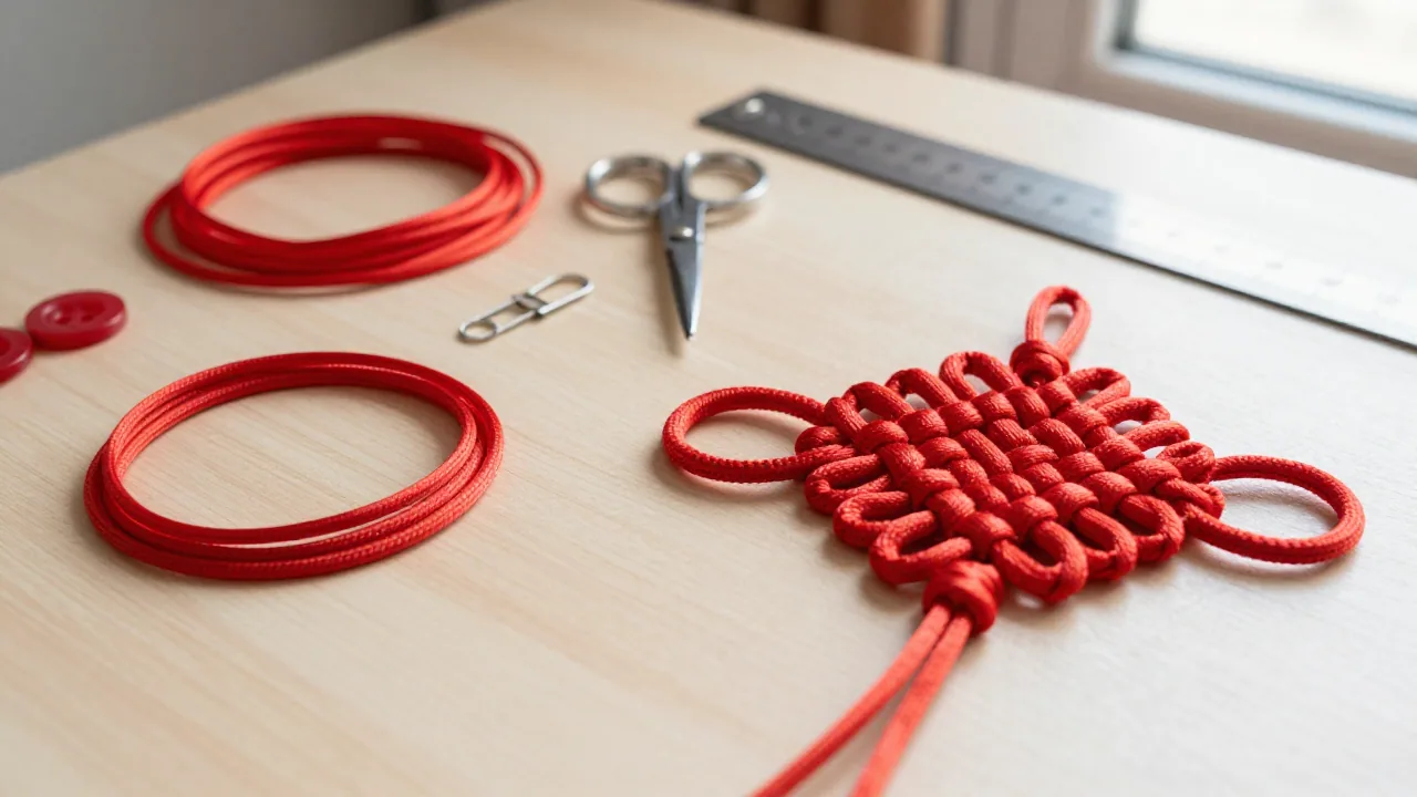 Red cord, scissors, clips, and a completed Chinese button knot sample on a craft table