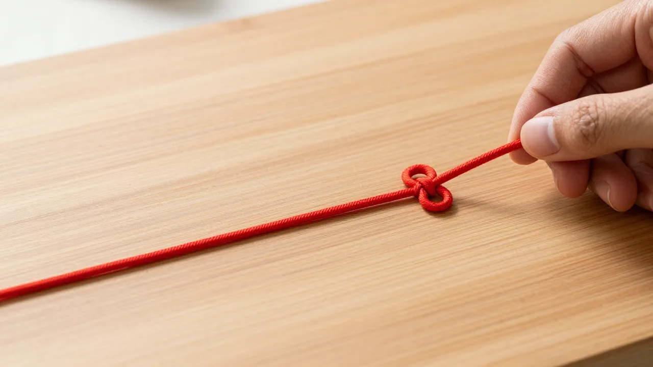 Red cord arranged into an open Chinese button knot path on a wooden board
