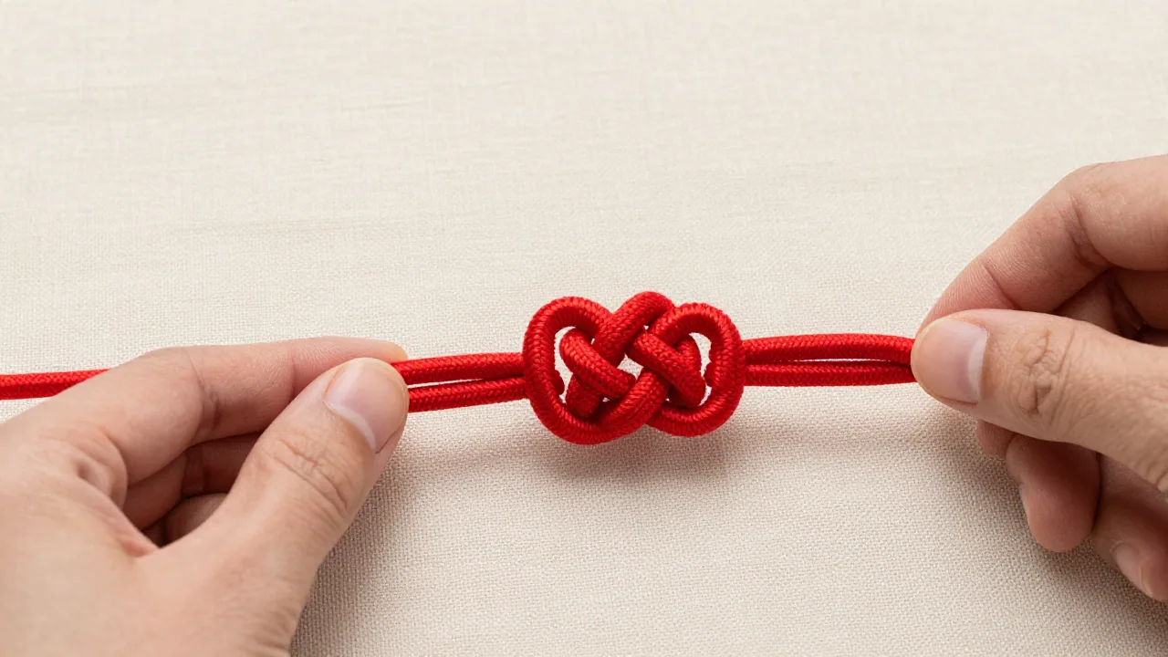 Partly tightened red cord button knot with slack adjusted evenly by fingertips