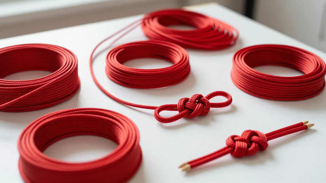 red cord coils, wooden pins, unfinished knot sample for cord for chinese knots