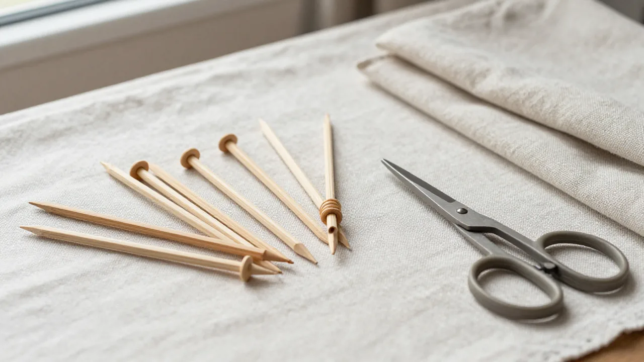 wooden pins, unfinished knot sample, and small scissors for cord for chinese knots