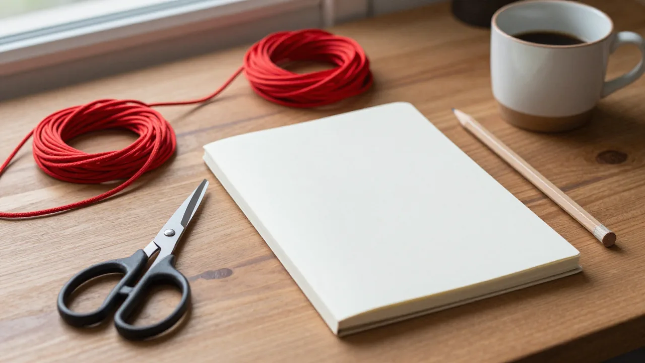 red cord coils, small scissors, notebook, and pencil for cord for chinese knots