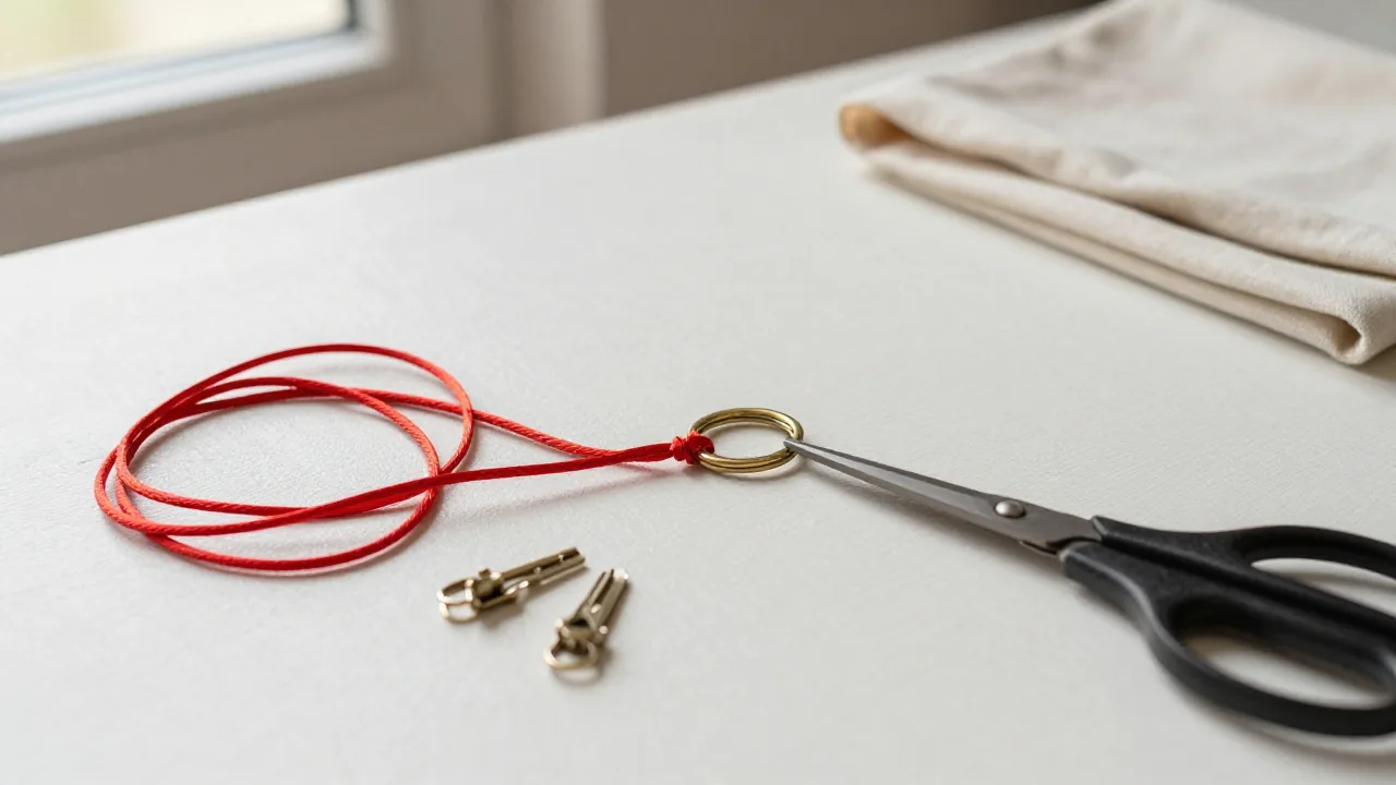 Red cord, key ring, clips, and closed scissors for a Chinese knot keychain tutorial