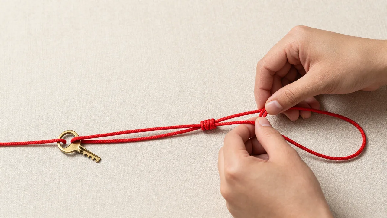 Hands forming loose red cord loops for a Chinese knot keychain path