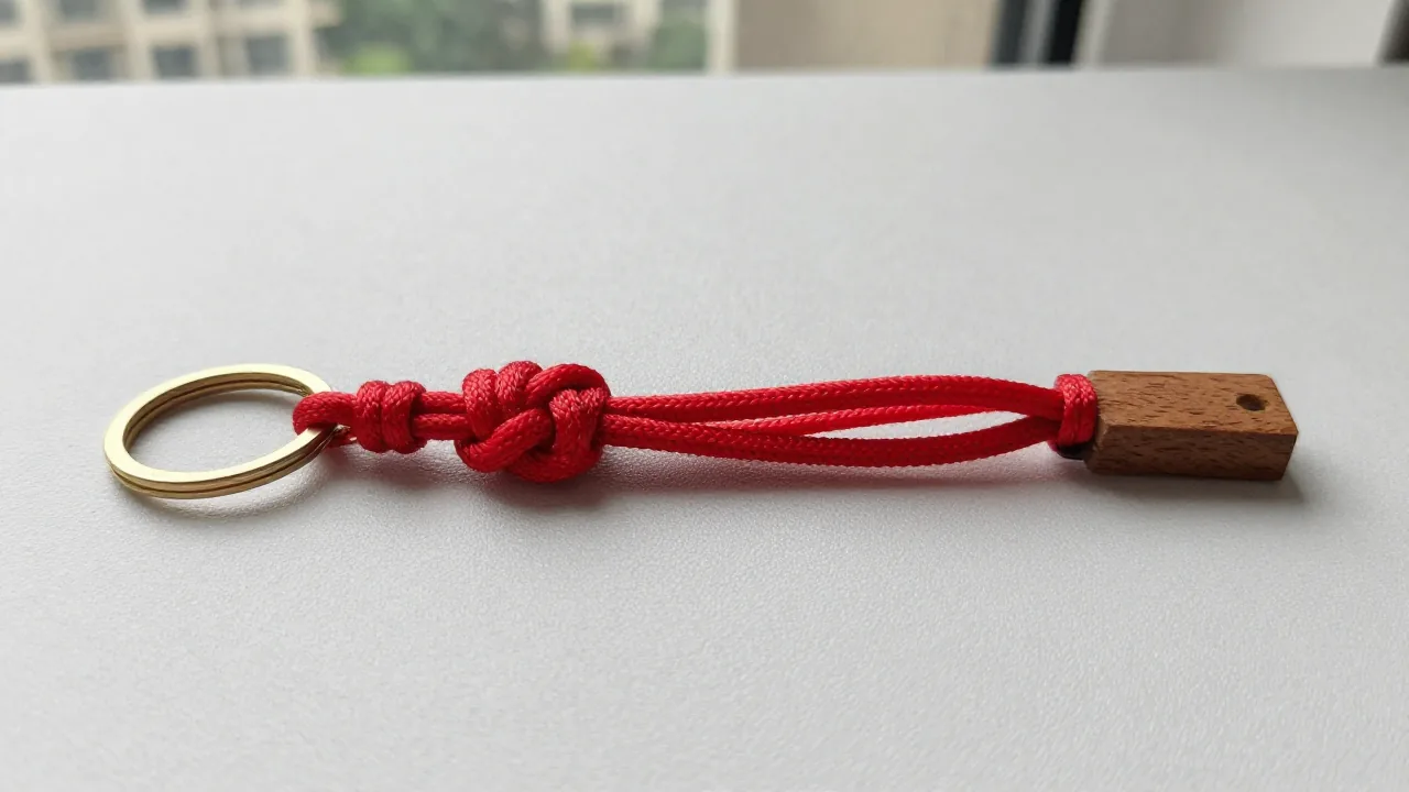 Finished red cord keychain knot with brass ring and trimmed tails