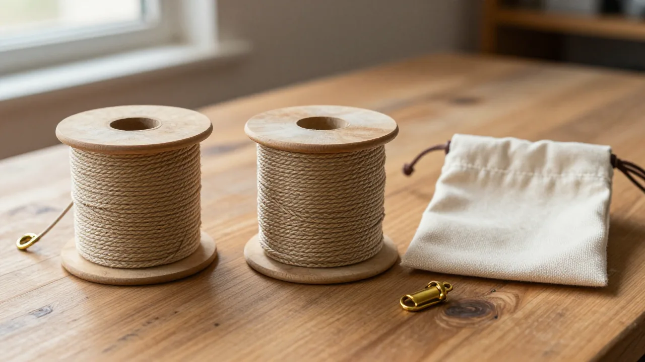 three braided cord spools across a wooden workbench, small brass clasp, plain canvas pouch supporting chinese knot bag charm