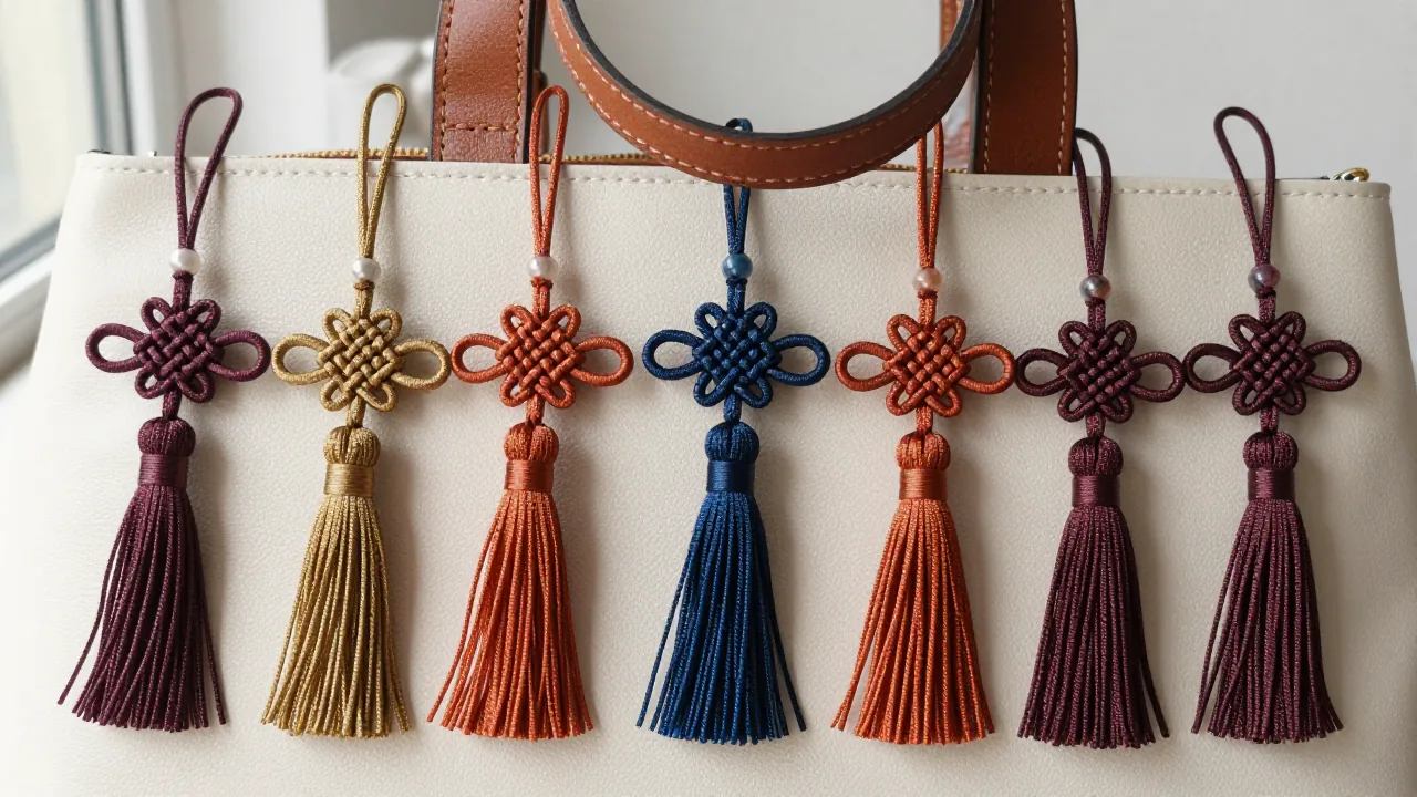 finished knot charm, tassel, leather handbag handle supporting chinese knot bag charm
