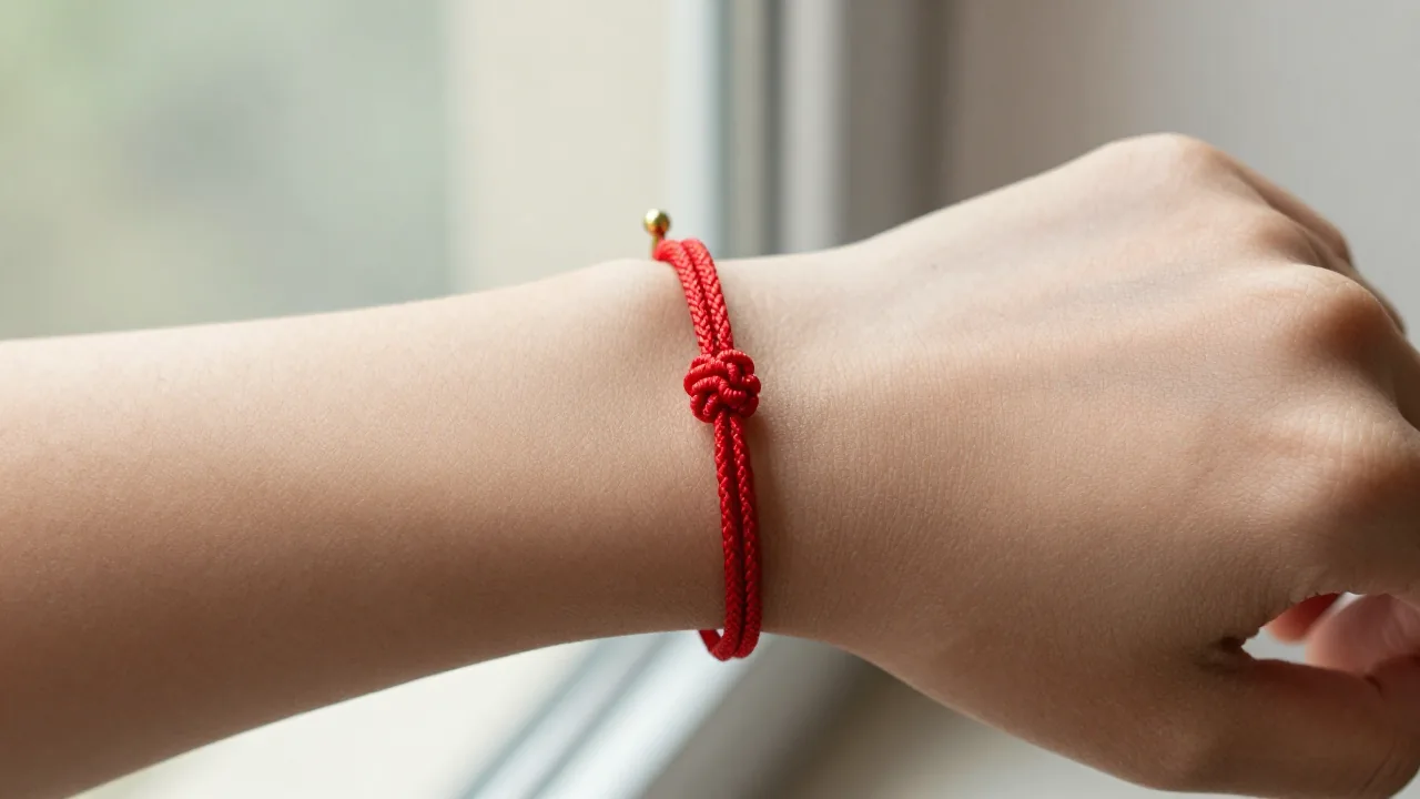 finished red cord knot bracelet, plain wooden wrist display, small brass clasp supporting traditional chinese knot bracelet