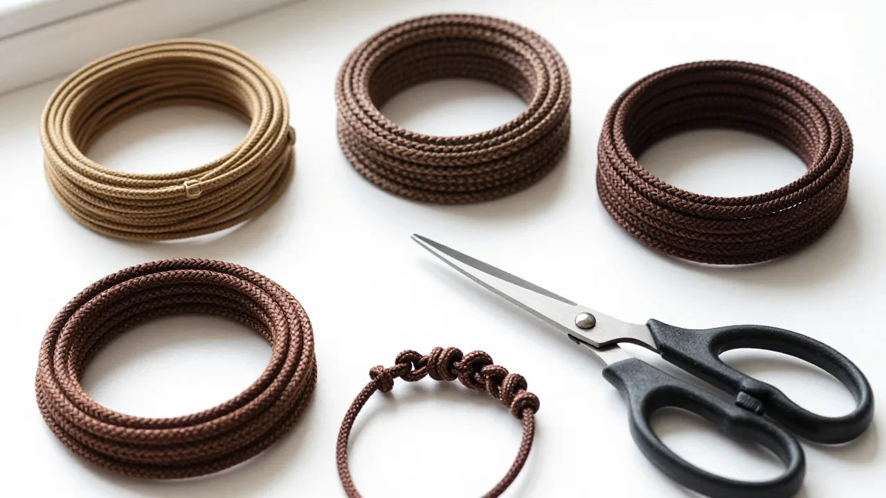 braided cord coils, adjustable sliding knot, blunt craft scissors supporting traditional chinese knot bracelet