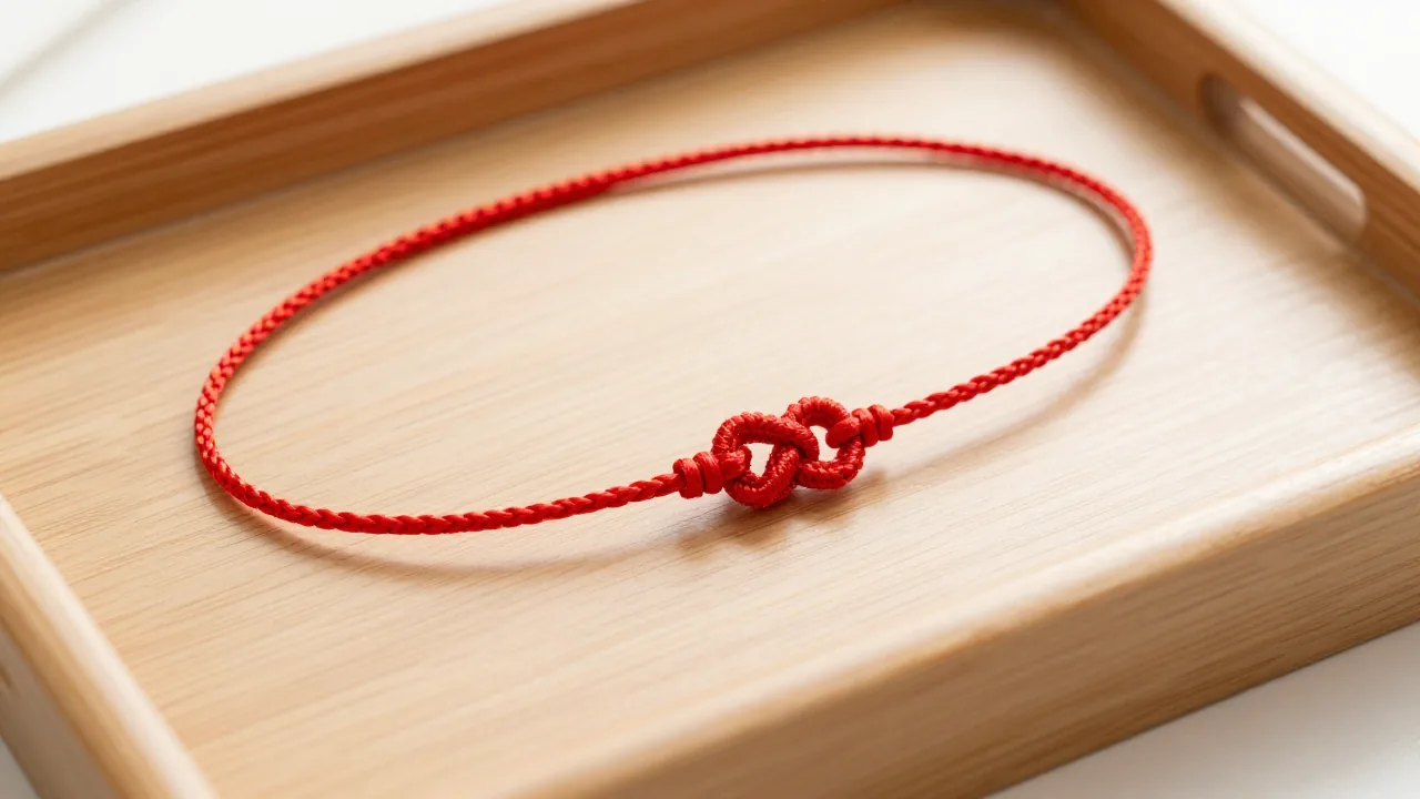 fine braided red cord, small finished knot, wooden tray supporting 0.5 mm chinese knotting cord