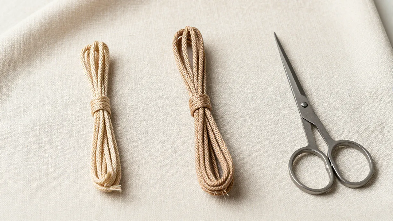 three unlabeled cord samples, small scissors, linen cloth supporting 0.5 mm chinese knotting cord