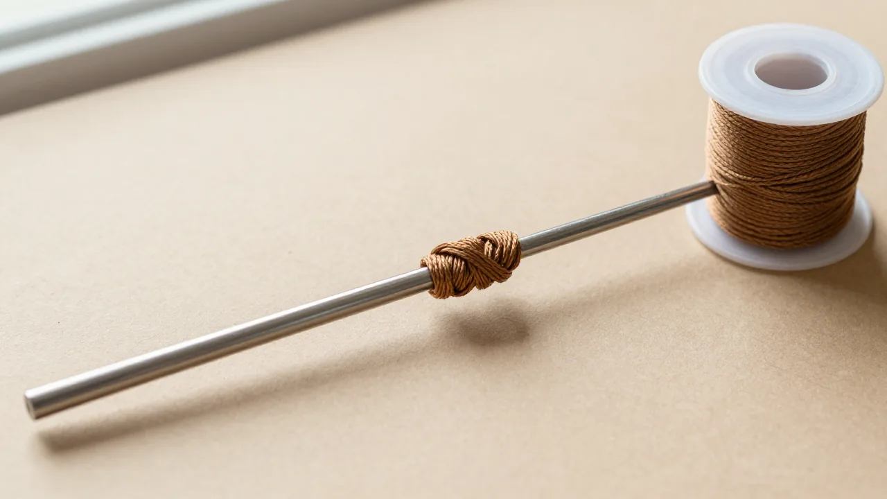 compact knot in progress, smooth metal mandrel, cord spool without label supporting 0.5 mm chinese knotting cord