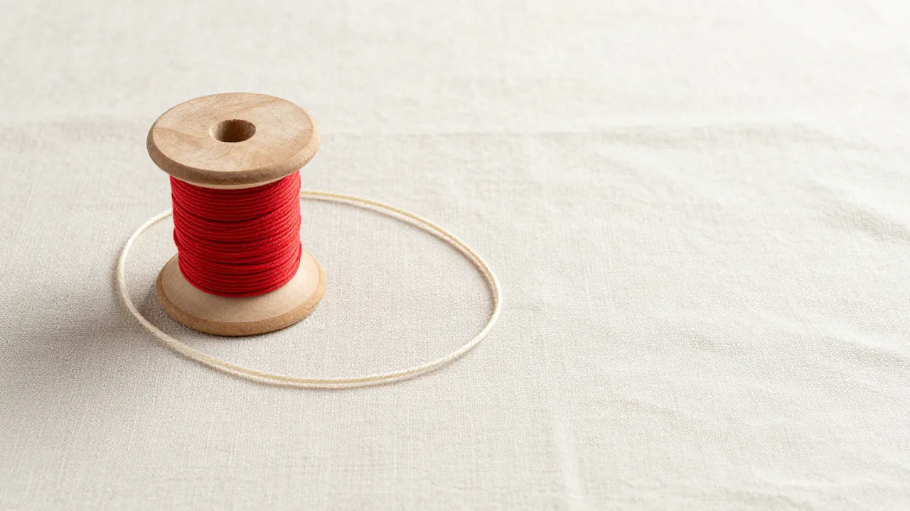 Red cord wound on a wooden spool beside loose ivory cord