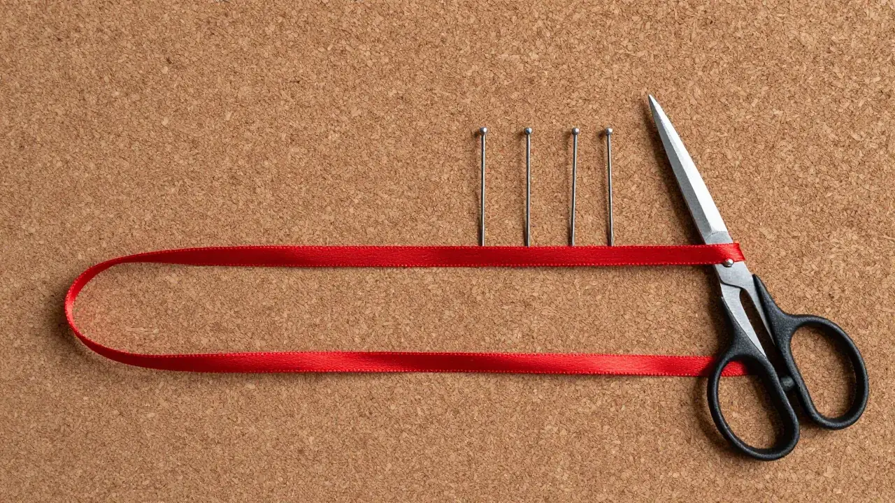 red satin cord with two starting bights, cork pin board, four metal pins, closed blunt scissors
