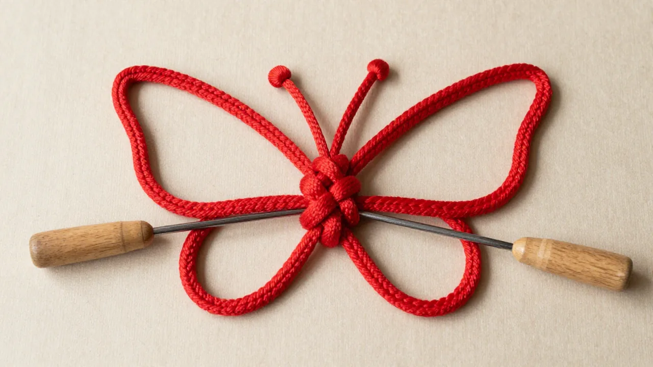 partly tightened red butterfly knot, two loose cord tails, wooden awl, craft mat