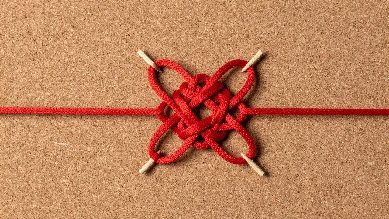 red working cord, loose woven knot structure, wooden pins, cork board