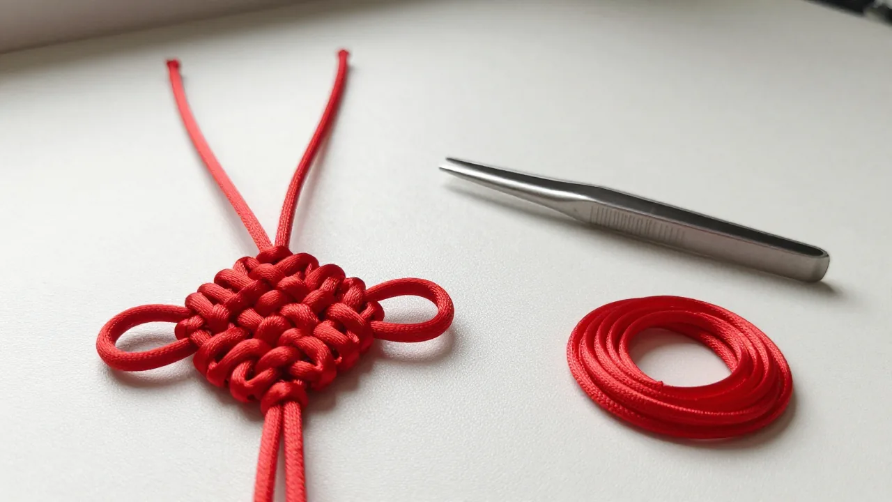 finished round button knot, partially dressed knot, blunt-tip tweezers, matching cord coil