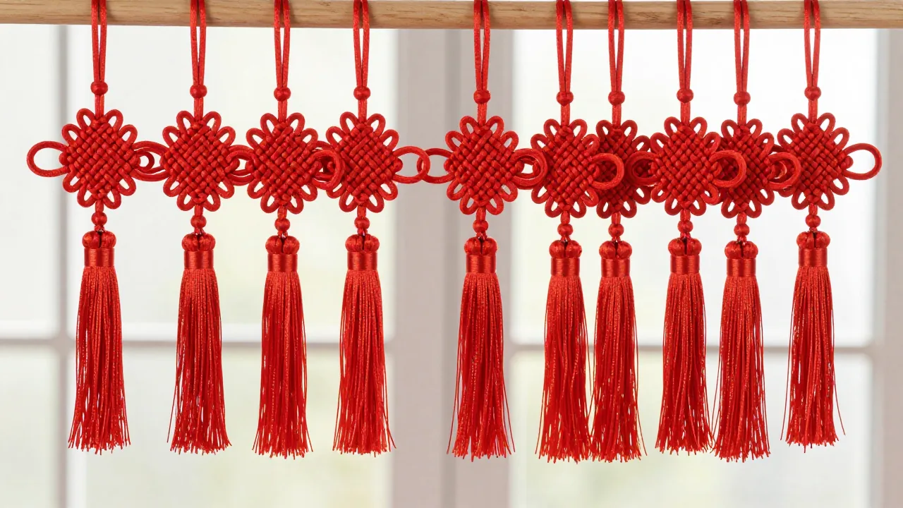red decorative knot hanging, plain tassel, wooden hook