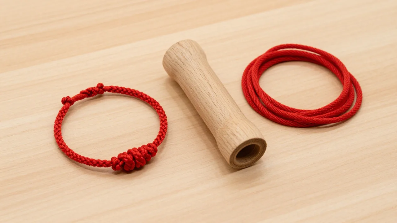 red knotted cord bracelet, plain wooden wrist form, loose red cord coil