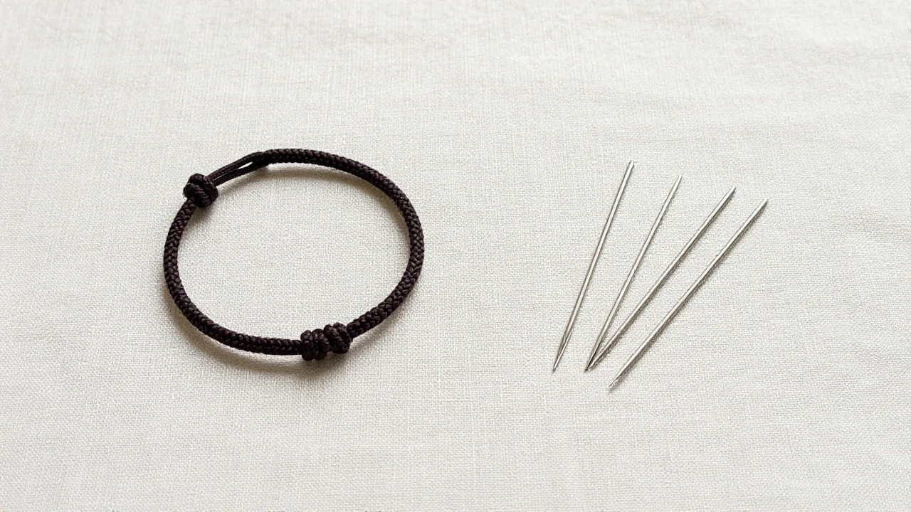 dark knotted cord bracelet, three plain metal needles, linen work cloth