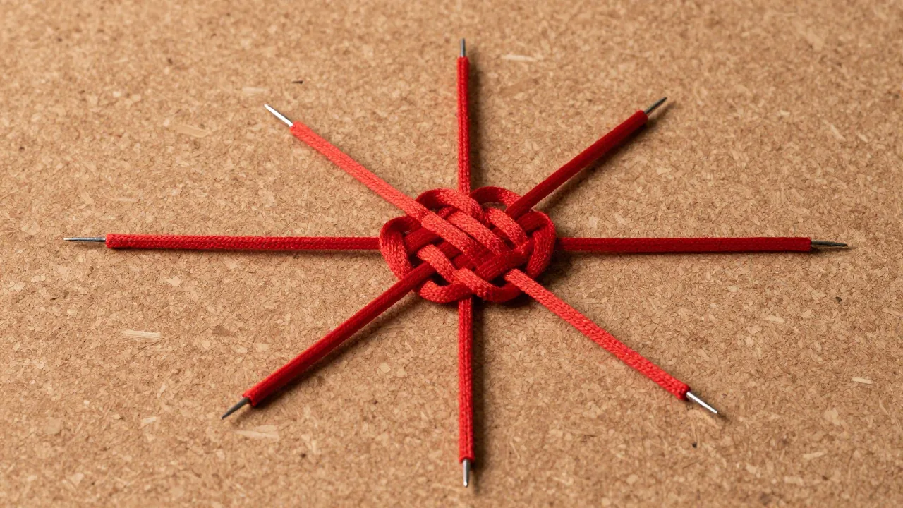 four red cord ends in cross, cork work board, blunt pins